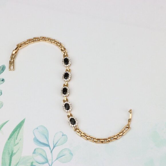 "Elegant Rose Gold Oval Black Stone Bracelet with Crystal Halos, XPBL0736 - Picture 6 of 12